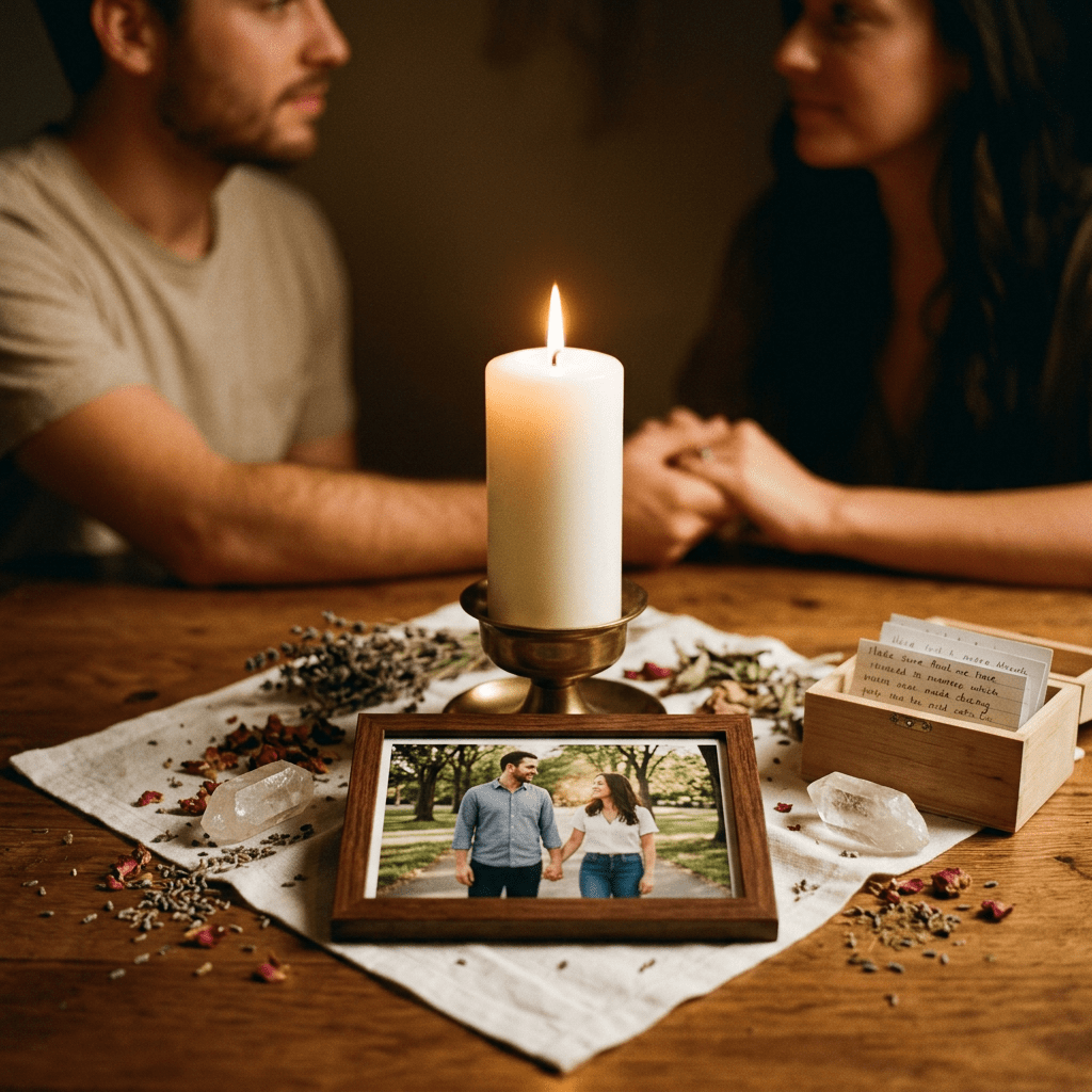 Couple holding hands at a table with a lit candle, framed photo, and crystals