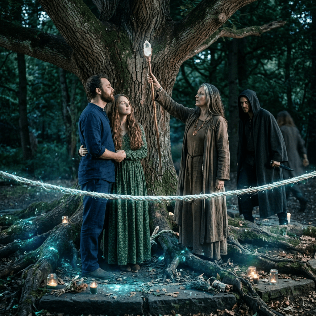 Mystical ritual scene protecting a couple from rival