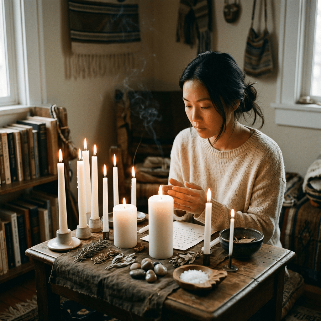 Woman engaging in candle ritual with herbs, stones, and paper on wooden table