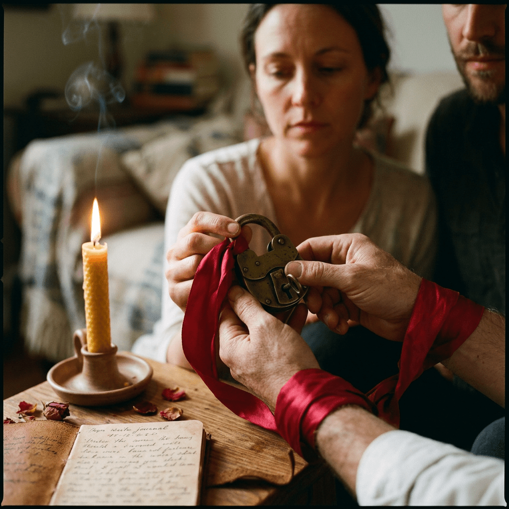 Lock ritual protecting marriage with candle and ribbon