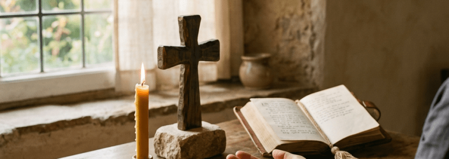 Hands open in prayer beside an open Bible, lit candle, and wooden cross