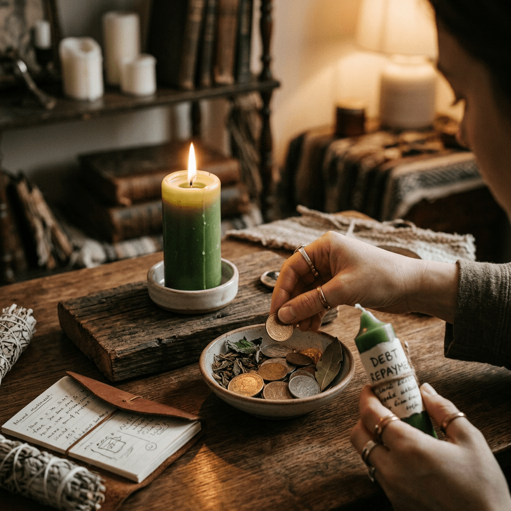 Hand placing a coin in a bowl labeled "DEBT REPAYMENT" beside a candle