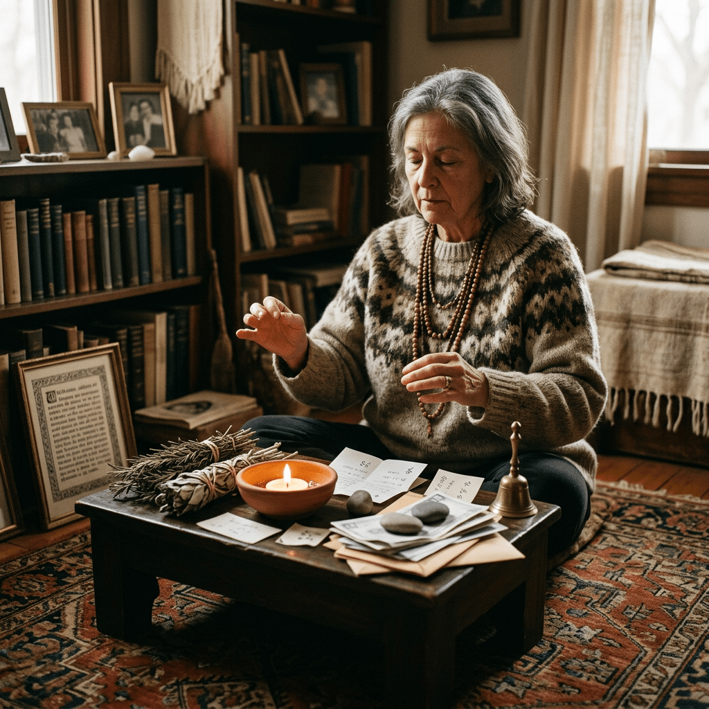 Older woman seated at a table with ritual objects in a cozy library