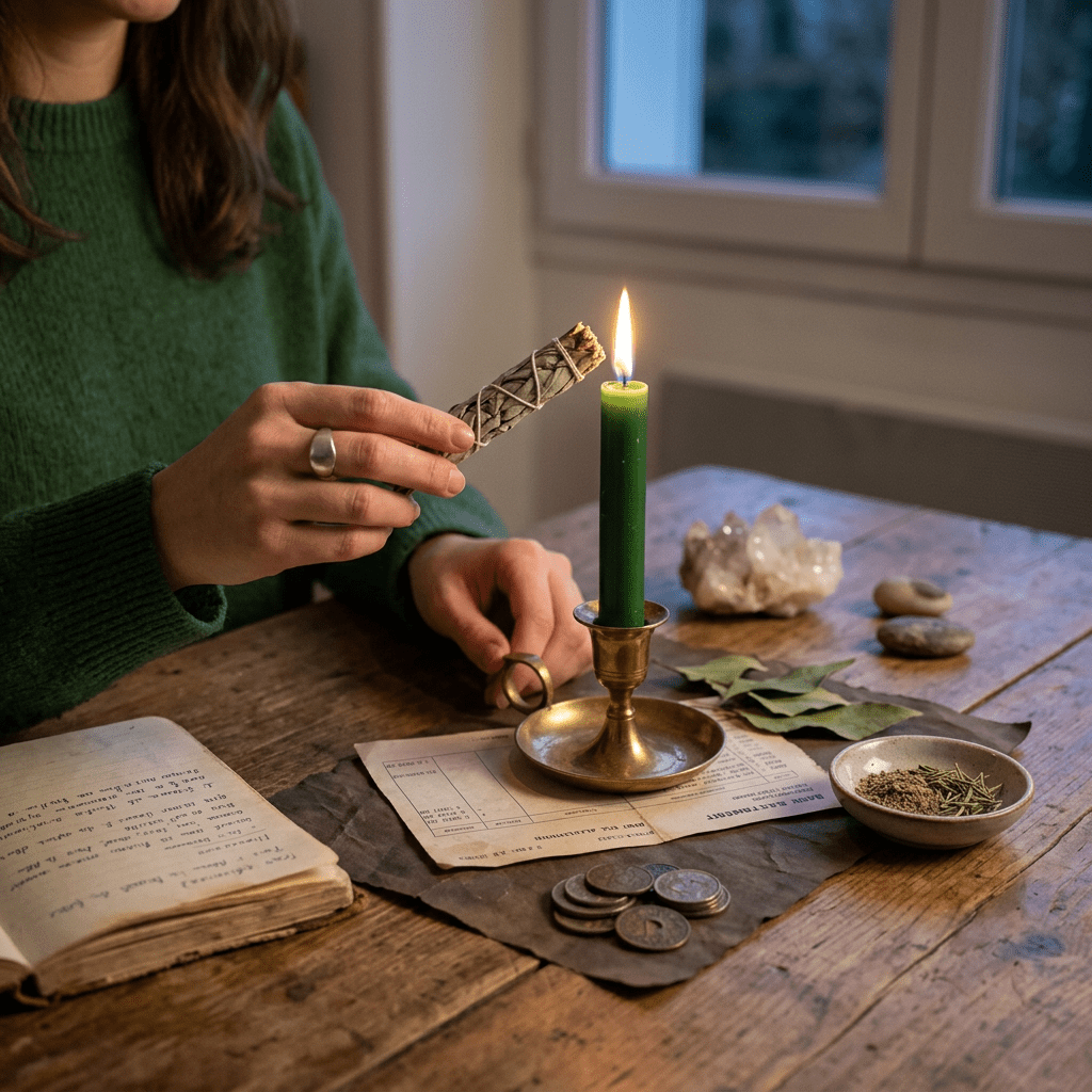 Person holding a smoldering herb bundle beside a lit green candle
