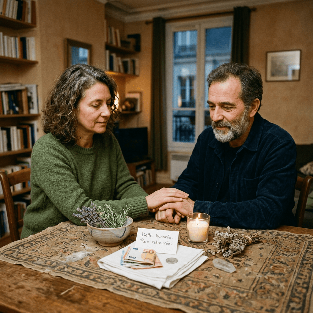 Couple holding hands beside note reading “Dette honorée. Paix retrouvée.” with money