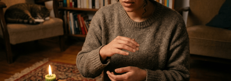 Woman beside candle, herbs, salt, receipt, and note reading “Je demande le retour de mon argent, avec équité et justice.”