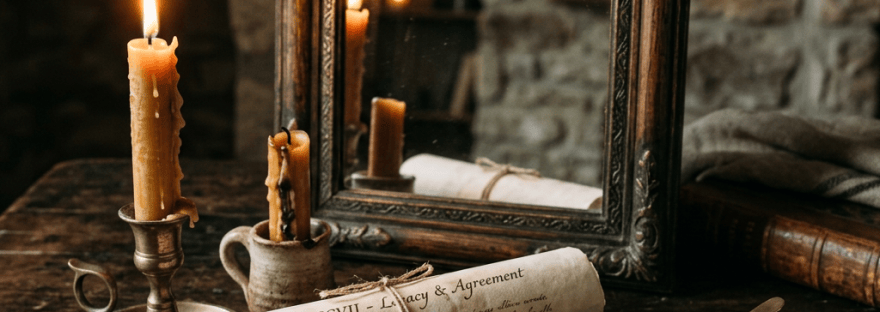 Candlelit still life with scroll reading “MDCCCVII – Legacy & Agreement,” mirror, ten-dollar bill, salt, and cinnamon.