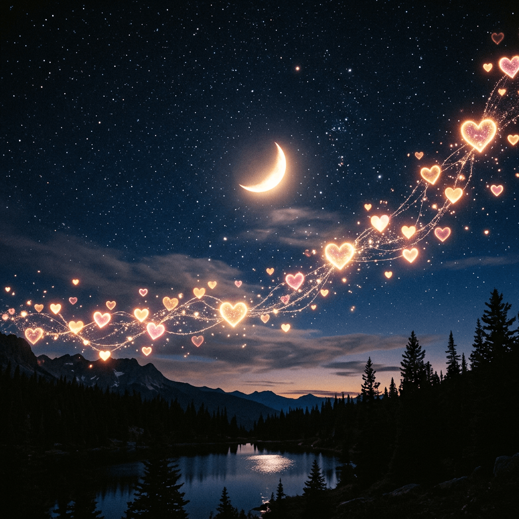 Glowing hearts arc across a starry sky above a mountain lake
