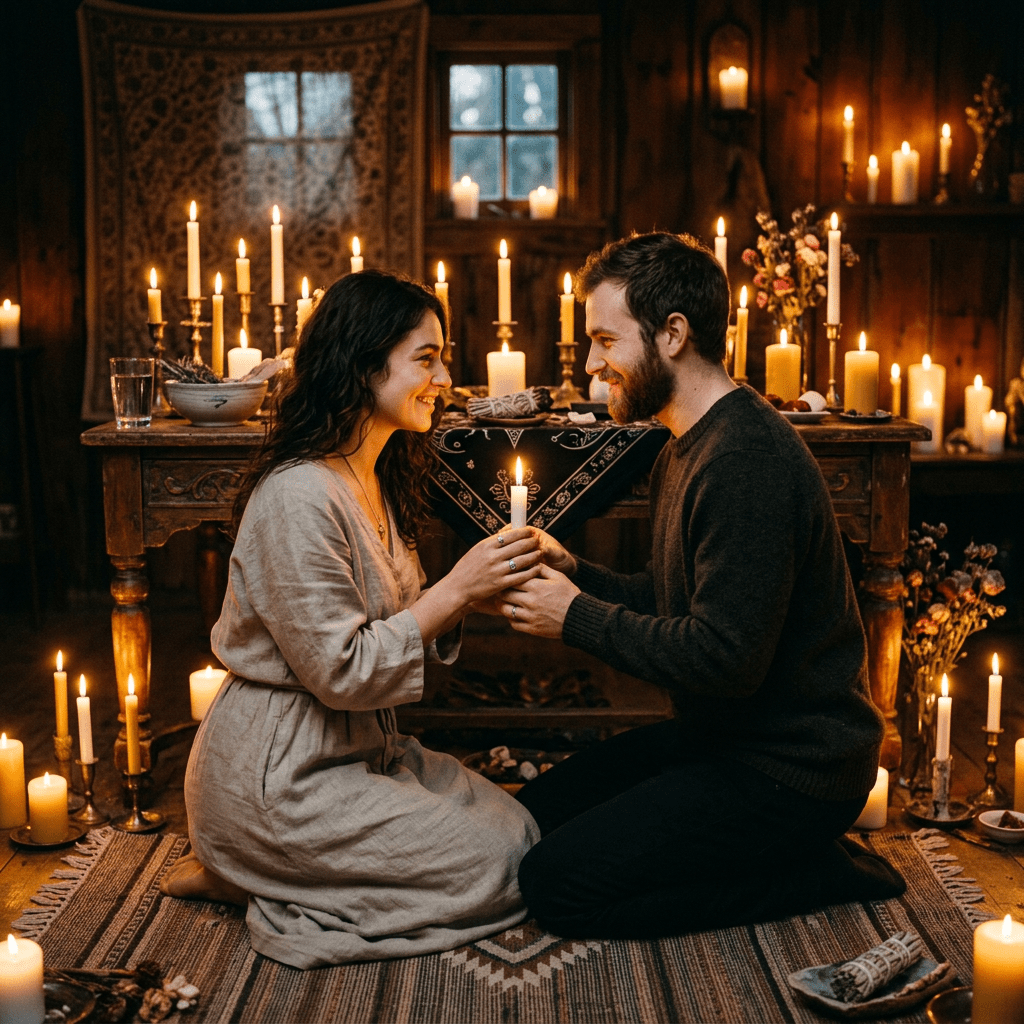 Couple holding a candle together in a candlelit rustic room