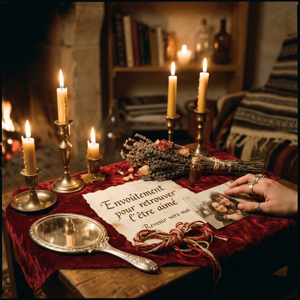 Candles, flowers, photograph, and French text: “Envoûtement pour retrouver l’être aimé; Revenir vers moi”