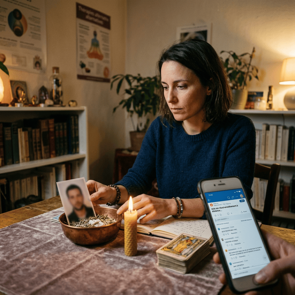 Woman holding a photograph beside a lit candle, journal, and smartphone