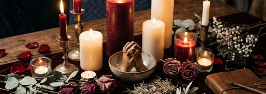 Lit candles, dried roses, herbs, jewelry, and a journal arranged on a wooden table