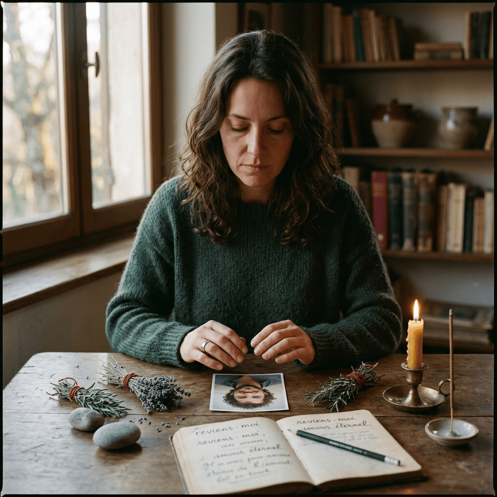 Woman beside a memorial table with a photograph, candles, herbs, and handwritten French notes