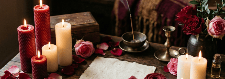 Candlelit table with roses, incense, parchment, and burning candles