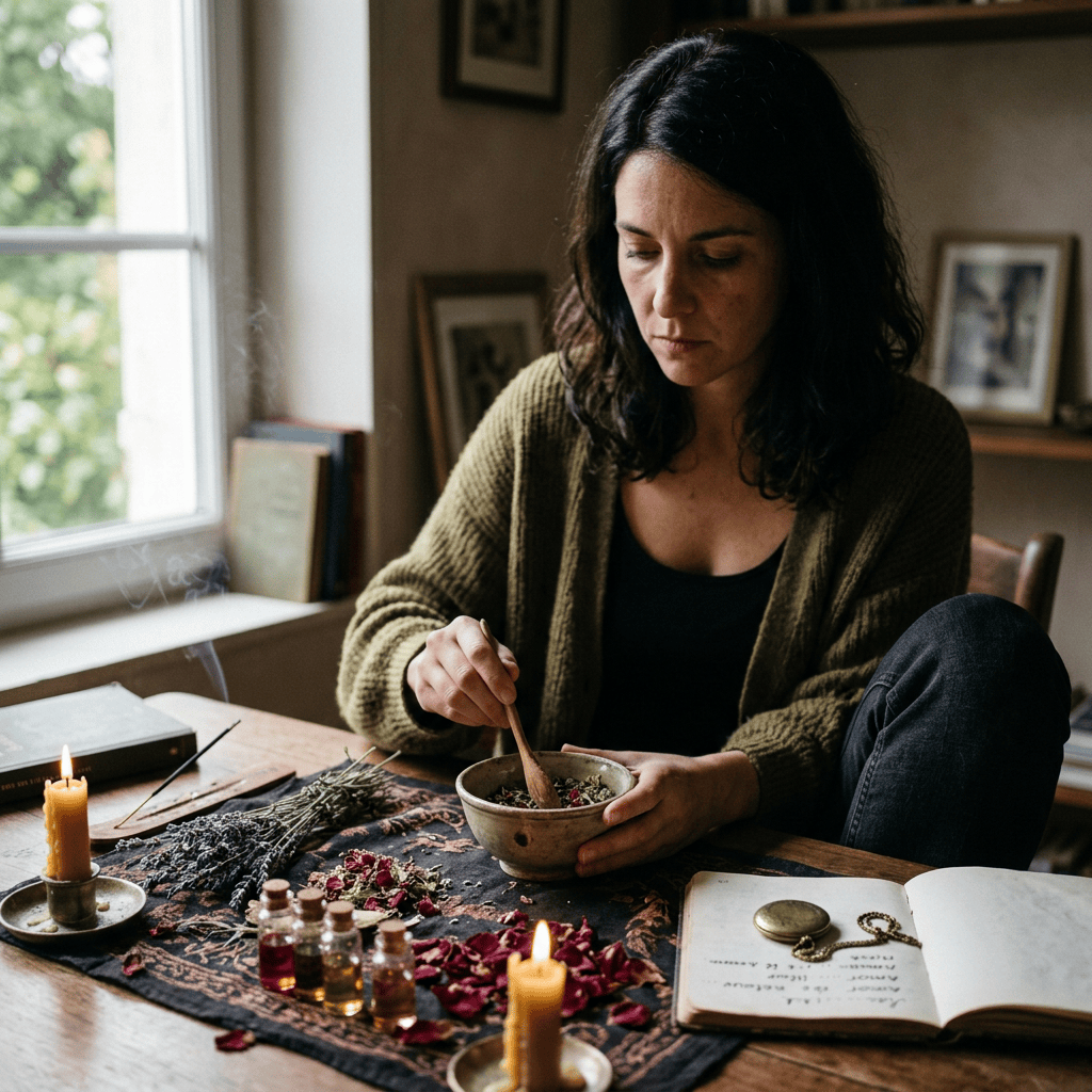 Woman mixing dried herbs in a bowl beside candles, flowers, oils, and an open journal