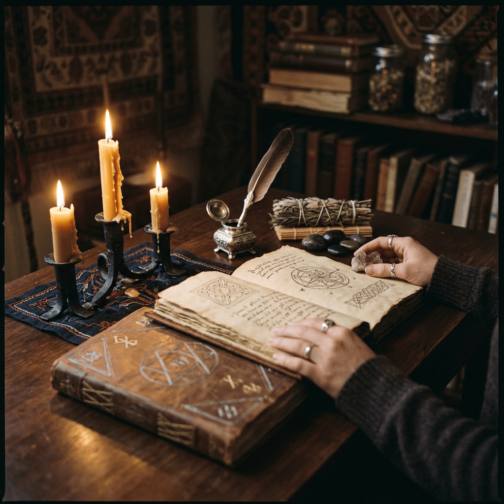 Candlelit desk with open occult manuscript, candles, quill, herbs, and crystals