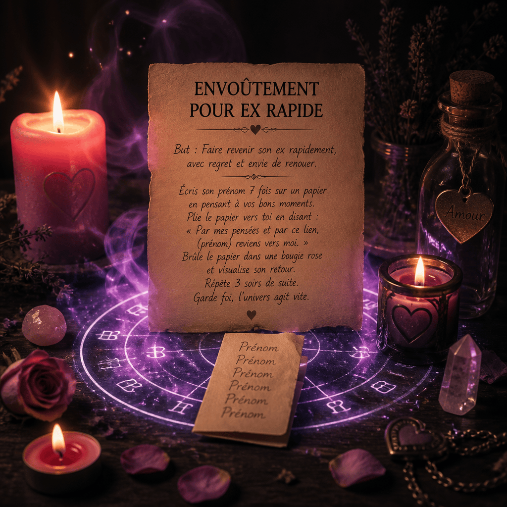 Parchment reads “ENVOÛTEMENT POUR EX RAPIDE” and gives French instructions to write a former partner’s name seven times, fold and burn the paper in a pink candle while visualizing their return; note reads “Prénom” repeatedly.