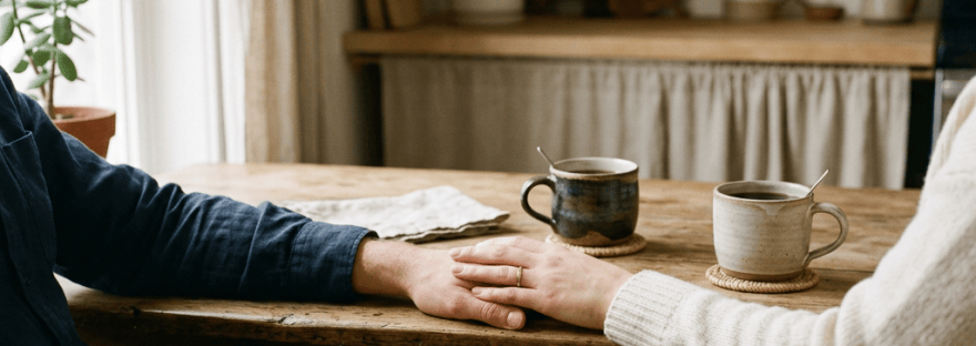 Two people holding hands across a kitchen table beside coffee cups